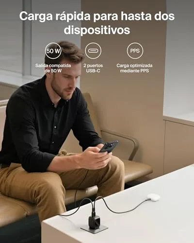Belkin ▫️ Carregador USB-C com 2 portas, 50 W, carregador múltiplo GAN com duas portas Tipo C, tomada de carregamento rápido para MacBook, iPhone 17, iPad Pro, Chromebook, Samsung Galaxy S25 Ultra e Pixel 10 - Preto 2