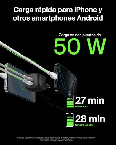 Belkin ▫️ Carregador USB-C com 2 portas, 50 W, carregador múltiplo GAN com duas portas Tipo C, tomada de carregamento rápido para MacBook, iPhone 17, iPad Pro, Chromebook, Samsung Galaxy S25 Ultra e Pixel 10 - Preto 4