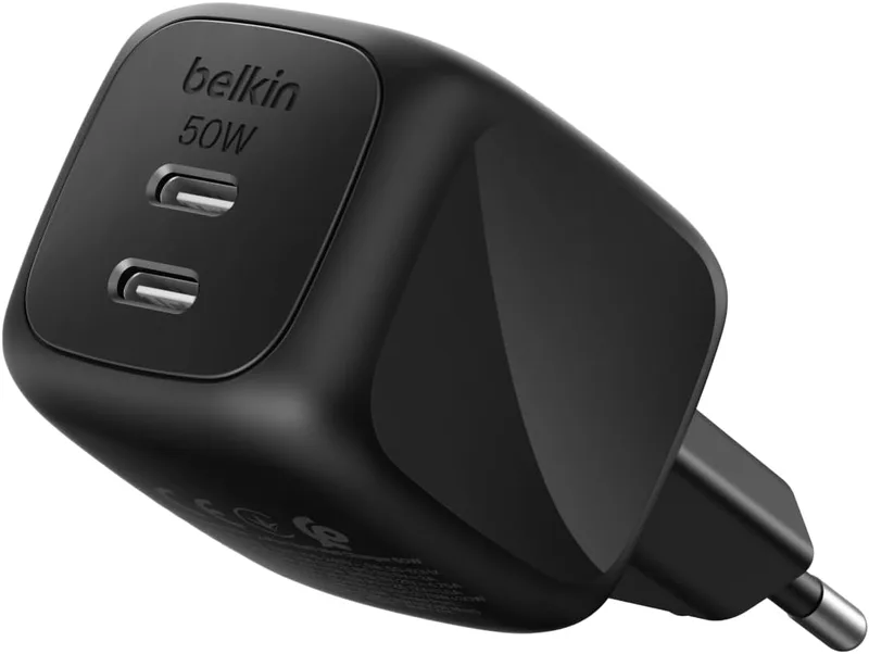 Belkin ▫️ Carregador USB-C com 2 portas, 50 W, carregador múltiplo GAN com duas portas Tipo C, tomada de carregamento rápido para MacBook, iPhone 17, iPad Pro, Chromebook, Samsung Galaxy S25 Ultra e Pixel 10 - Preto