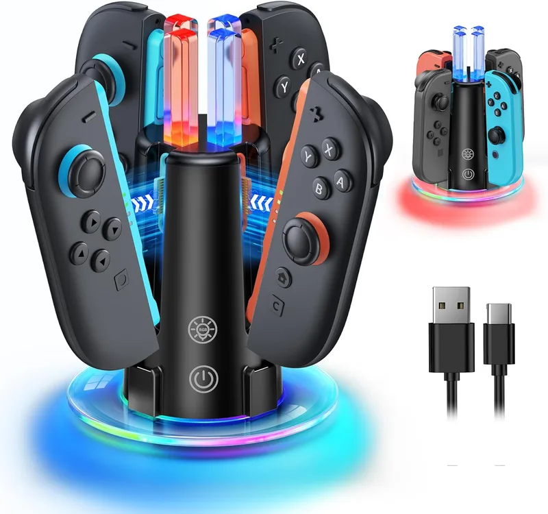 FYOUNG ▫️ Carregador 8 em 1 para Nintendo Switch 2 e 1 e OLED com luz RGB - Acessórios para estação de carregamento dos controladores Joy-Con 2 e 1 com indicador LED para jogos