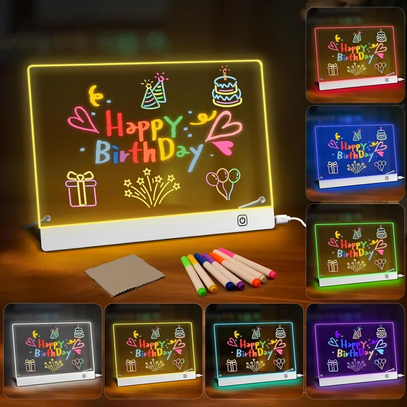 muhogxio ▫️ Quadro acrílico luminoso com mensagem LED 30x20 cm, quadro de notas acrílico com caneta de 7 cores, suporte ajustável, quadro de mensagens LED, quadro de notas LED lavável, para crianças e adultos