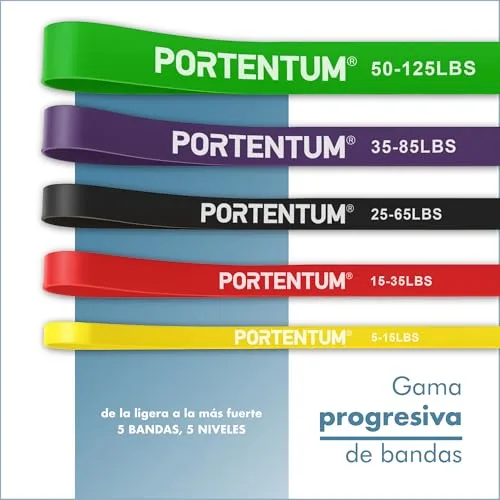 PORTENTUM ▫️ Elásticos para musculação – Conjunto de faixas elásticas de resistência com 4 ou 5 níveis de intensidade – Alças, fixação para porta, capas e saco – Ginásio em casa para homens e mulheres – Força, Fitness, CrossFit, Yoga 2