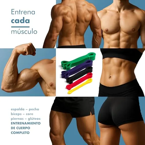 PORTENTUM ▫️ Elásticos para musculação – Conjunto de faixas elásticas de resistência com 4 ou 5 níveis de intensidade – Alças, fixação para porta, capas e saco – Ginásio em casa para homens e mulheres – Força, Fitness, CrossFit, Yoga 3