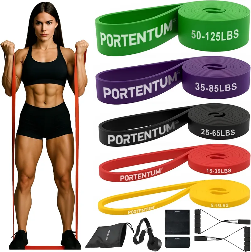 PORTENTUM ▫️ Elásticos para musculação – Conjunto de faixas elásticas de resistência com 4 ou 5 níveis de intensidade – Alças, fixação para porta, capas e saco – Ginásio em casa para homens e mulheres – Força, Fitness, CrossFit, Yoga