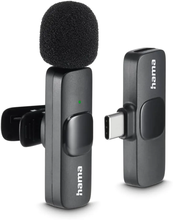 Hama ▫️ I Microfone sem fios de lapela (Microfone de lapela para telemóvel, alcance de 20 m, cancelamento de ruído, 4,5 h de autonomia, gravação de voz e vídeo) Preto