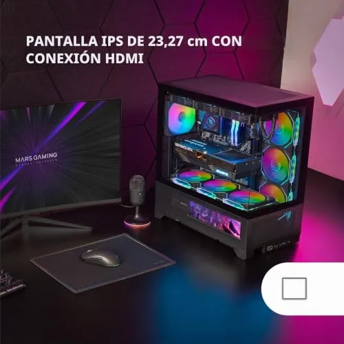 Mars Gaming ▫️ MC-LCDX, Caixa para jogos ATX, Ecrã IPS de 9,16" integrado e ligação HDMI, vidro temperado contínuo, painel inferior totalmente em malha, câmara dupla, suporte para refrigeração líquida até 360 mm, preto 2
