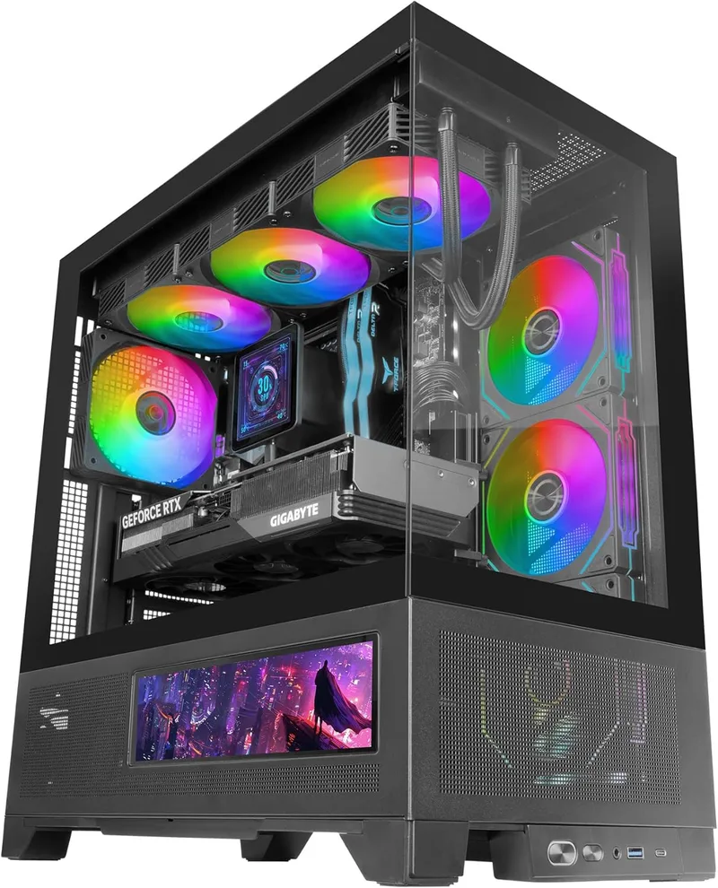 Mars Gaming ▫️ MC-LCDX, Caixa para jogos ATX, Ecrã IPS de 9,16" integrado e ligação HDMI, vidro temperado contínuo, painel inferior totalmente em malha, câmara dupla, suporte para refrigeração líquida até 360 mm, preto