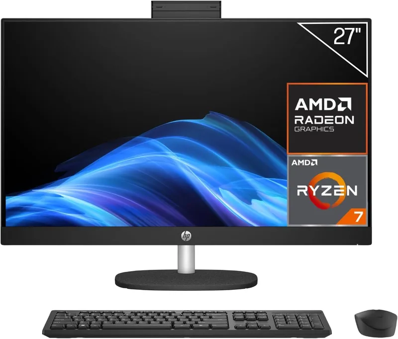HP ▫️ All-in-One 27-cr0062ns - Computador de secretária FHD de 27" com câmara, teclado e rato sem fios (AMD Ryzen 7 7730U, 16 GB de RAM, 512 GB SSD, placa gráfica AMD Radeon, FreeDos) Preto - Teclado QWERTY inglês