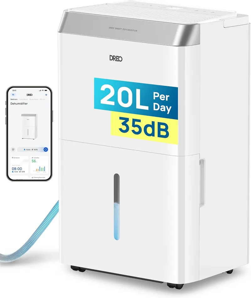 Dreo ▫️ Smart Dehumidifier 20 L/24 h, para divisões até 37 m² - eficiente e silencioso - App & Alexa, 3 modos, temporizador, humidade ajustável, tubo de drenagem, quarto e casa de banho
