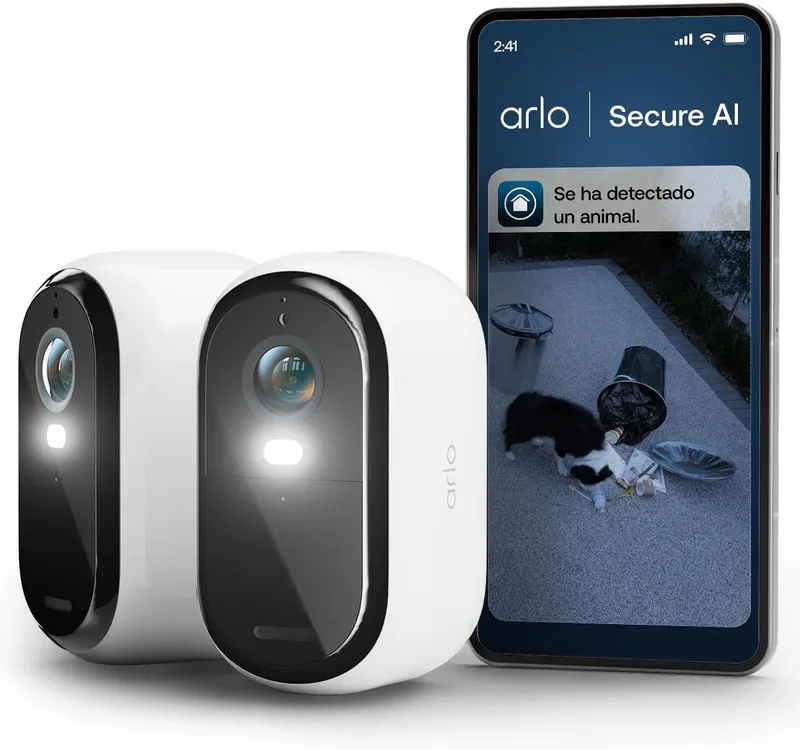 Arlo Essential 3 HD, câmara WiFi para exterior, bateria com autonomia para 6 meses, visão nocturna a cores, luz, sirene, áudio bidirecional, 2 câmaras brancas