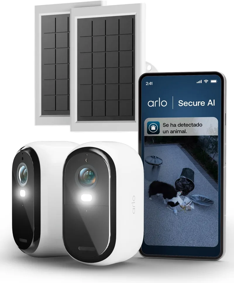 Arlo ▫️ Essential 3 HD + 2 painéis solares, câmara Wi-Fi para exterior, bateria com autonomia de 6 meses, visão noturna, áudio bidirecional, 2 câmaras brancas