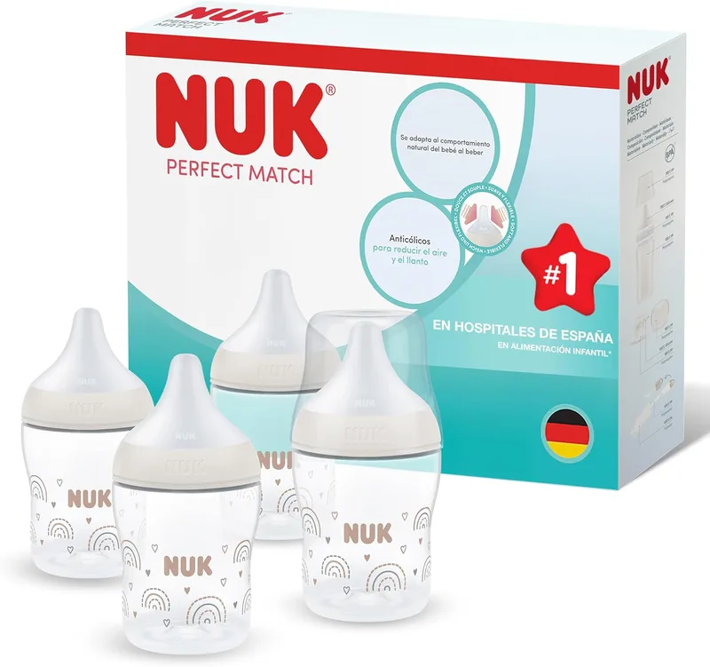 NUK ▫️ Biberão Perfect Match | 0+ meses | 150 ml | Biberão anti-cólicas | PP | Indicador de controlo de temperatura | Rainbow | 4 unidades