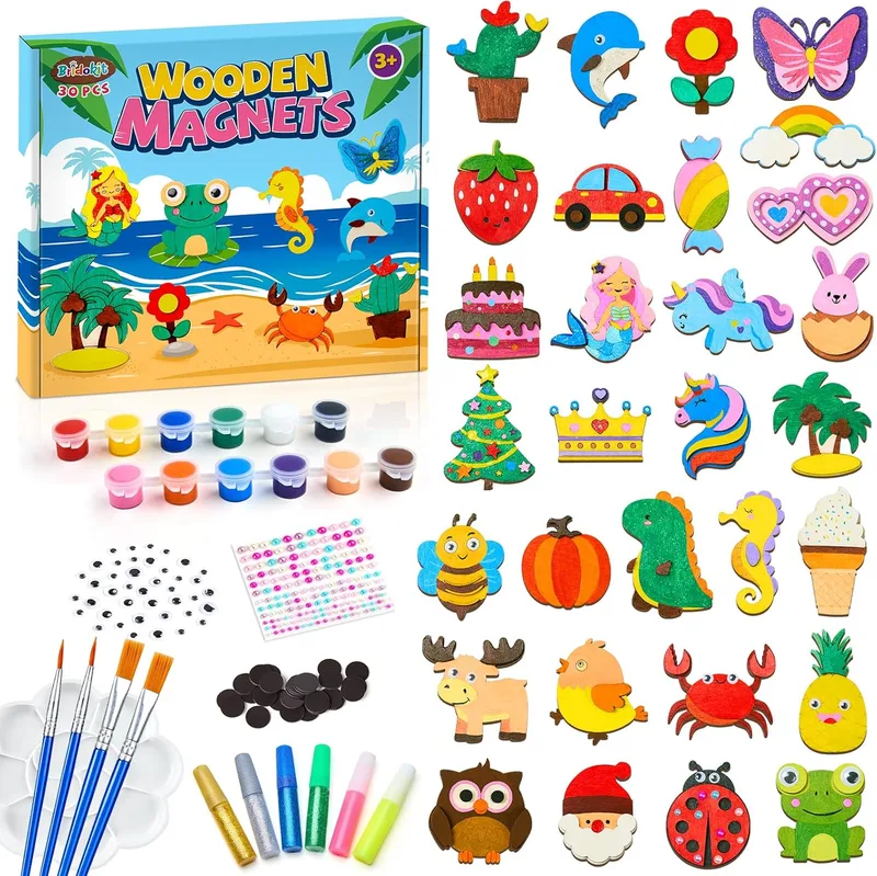 Bridokit ▫️ Conjunto de ímanes de madeira com 30 peças, conjuntos de trabalhos manuais, kit de trabalhos manuais para crianças dos 3 aos 12 anos, kit de actividades criativas de pintura, presentes de aniversário para rapazes e raparigas