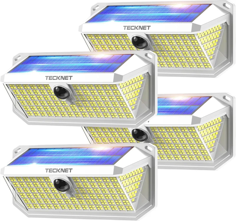 TECKNET ▫️ Luz Solar para Exterior, 4200 lm, 416 LED, Projetores LED solares para exterior com sensor de movimento de 300°, 3 modos de iluminação, IP66 à prova de água, projetores LED solares para jardim, garagem, pátio, embalagem com 4 unidades