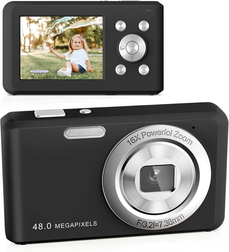 Ioojcck ▫️ Câmara digital, câmara compacta HD 1080p com cartão de memória de 32 GB, câmara de 48 megapíxeis, ecrã LCD de 2,4 polegadas e zoom digital de 16x. Câmara digital para meninas, adolescentes e principiantes (preta)