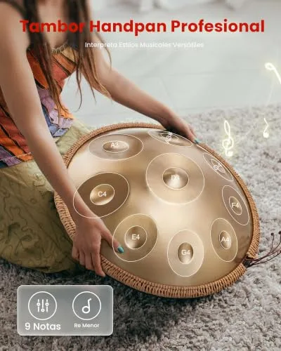 VEVOR ▫️ Tambor de Mão 55 cm, 9 notas, 432 Hz, Tambor Handpan em Ré Menor com Baquetas, Instrumento de Percussão com Saco de Transporte para Yoga, Meditação, Educação Musical para Principiantes, Dourado 2