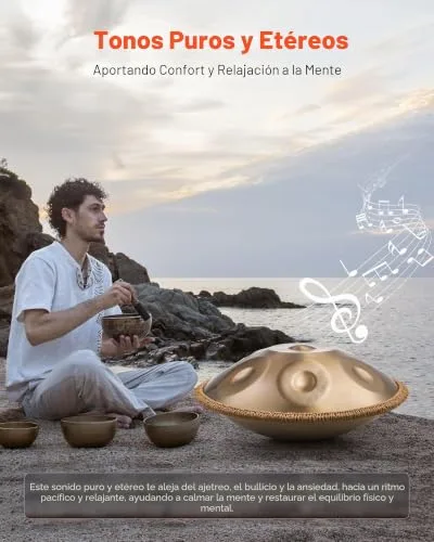 VEVOR ▫️ Tambor de Mão 55 cm, 9 notas, 432 Hz, Tambor Handpan em Ré Menor com Baquetas, Instrumento de Percussão com Saco de Transporte para Yoga, Meditação, Educação Musical para Principiantes, Dourado 3