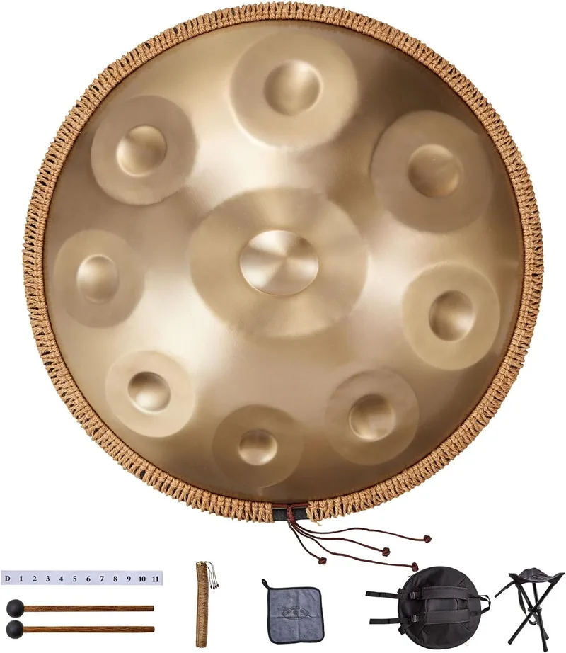 VEVOR ▫️ Tambor de Mão 55 cm, 9 notas, 432 Hz, Tambor Handpan em Ré Menor com Baquetas, Instrumento de Percussão com Saco de Transporte para Yoga, Meditação, Educação Musical para Principiantes, Dourado