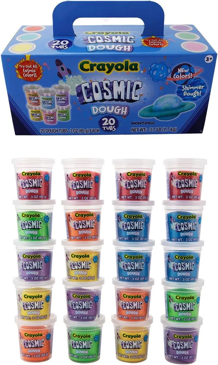 Cefatoys ▫️ Cefa Toys - Plastilina Crayola Cosmic - Conjunto de 20 frascos de 85 g cada - Massa moldável brilhante - Não tóxica - Mala de transporte incluída - Adequada para crianças a partir dos 3 anos
