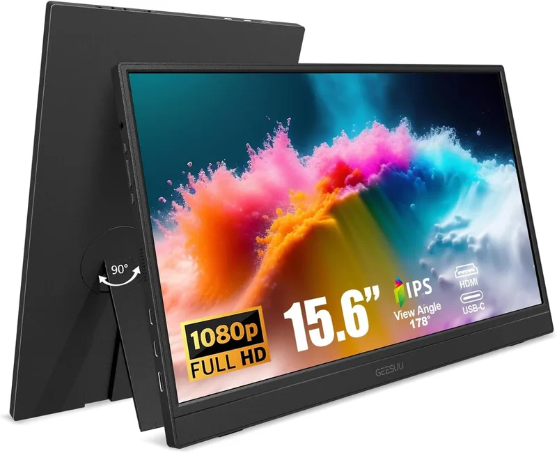GEESUU ▫️ Monitor para computador portátil de 15,6 polegadas, ecrã de computador IPS, segundo ecrã para PC de 60 Hz com altifalantes incorporados, suporte giratório de 90°, HDMI/USB-C/Tipo C