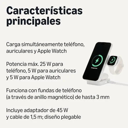 Amazon Basics ▫️ Estação de Carregamento Sem Fios 3 em 1, 25 W, Certificada pela Qi 2.2, Compatível com Magsafe, UE, 7,06 x 9,94 x 10,31 cm, Branca 2