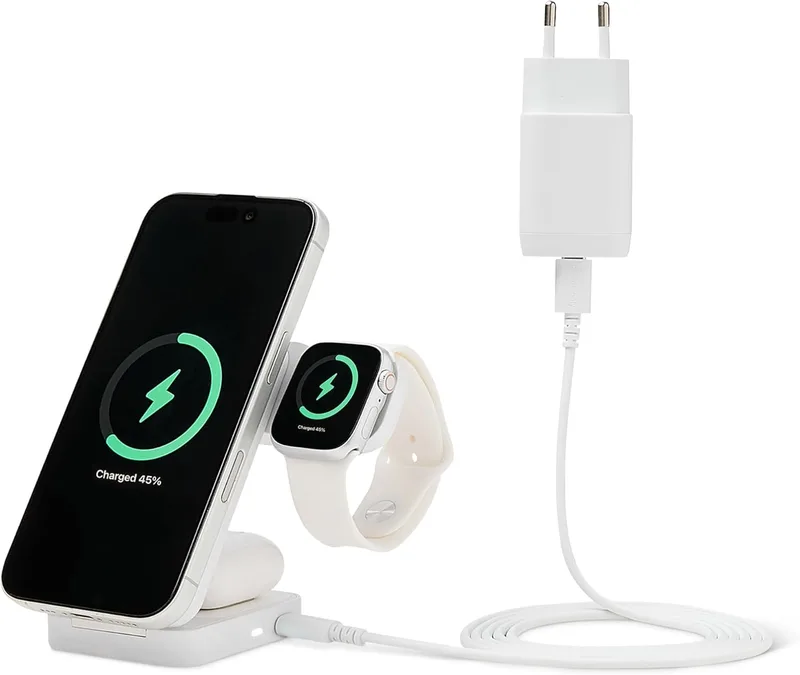 Amazon Basics ▫️ Estação de Carregamento Sem Fios 3 em 1, 25 W, Certificada pela Qi 2.2, Compatível com Magsafe, UE, 7,06 x 9,94 x 10,31 cm, Branca