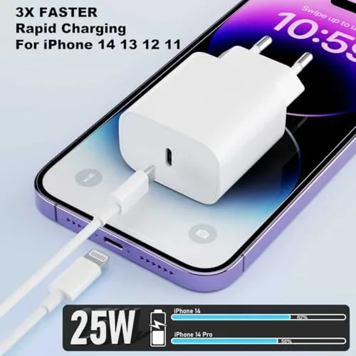 KTDRJN ▫️ Carregador de iPhone com carregamento rápido, carregador de iPhone de 25 W, certificado MFi, com ficha USB-C e cabo Lightning de 2 m, carregador de parede para Apple 14/14 Pro/14 Pro Max/14 Plus, 13, 12, 11, XS e XS Max 6