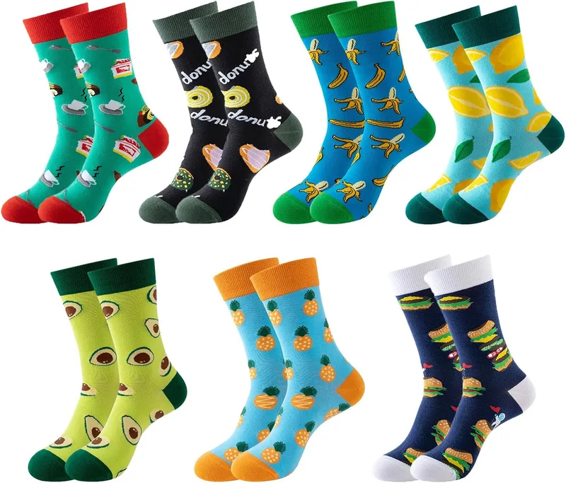 VEGCOO ▫️ 7 pares de meias divertidas para homem e mulher, meias coloridas e originais para homem, meias divertidas de algodão, de cano alto e estilo casual, presente para homens: pai, noivo