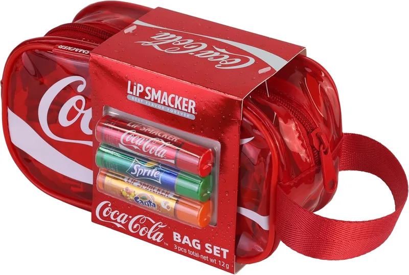 Lip Smacker ▫️ Conjunto Coca-Cola Handy Bag, 3 bálsamos labiais para crianças com sabor original da Coca-Cola, fórmula transparente e hidratante
