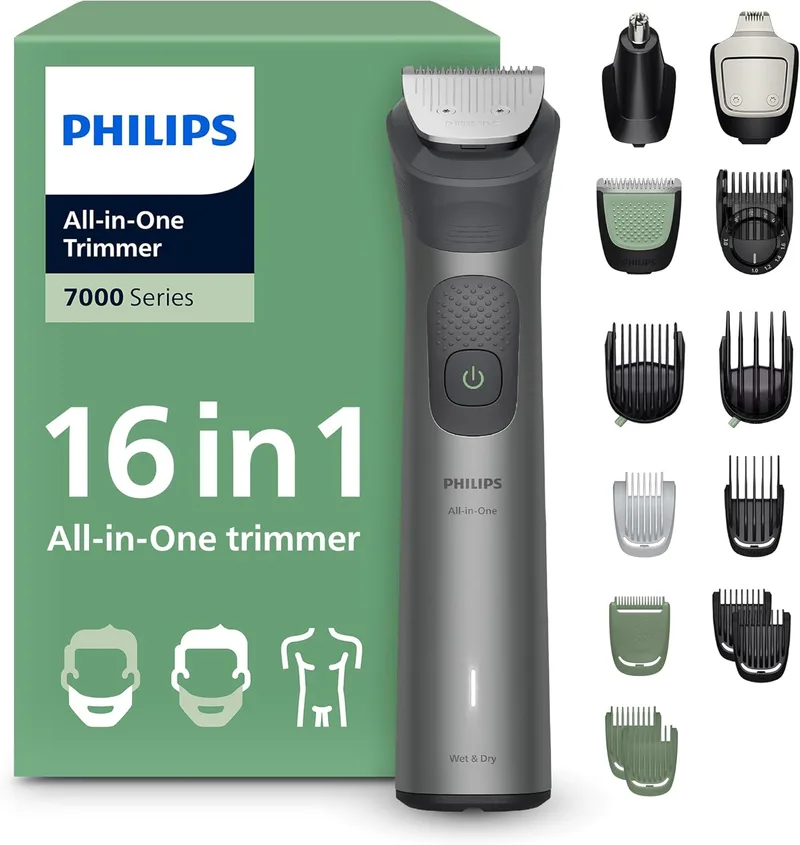 PHILIPS ▫️ Aparador multifunções 16 em 1 Série 7000 - Máquina de barbear e aparador de cabelo para homem, para rosto, cabeça e corpo, lâminas de aço auto-afiáveis, 21 comprimentos, recarregável, MG7931/15