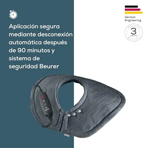 Beurer ▫️ HK 66 Cosy Almofada elétrica para ombros e pescoço, almofada elétrica com formato anatómico e fecho magnético, 3 níveis de temperatura com mecanismo de desligamento automático, lavável 3
