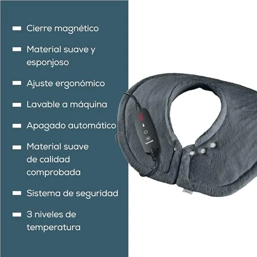 Beurer ▫️ HK 66 Cosy Almofada elétrica para ombros e pescoço, almofada elétrica com formato anatómico e fecho magnético, 3 níveis de temperatura com mecanismo de desligamento automático, lavável 7