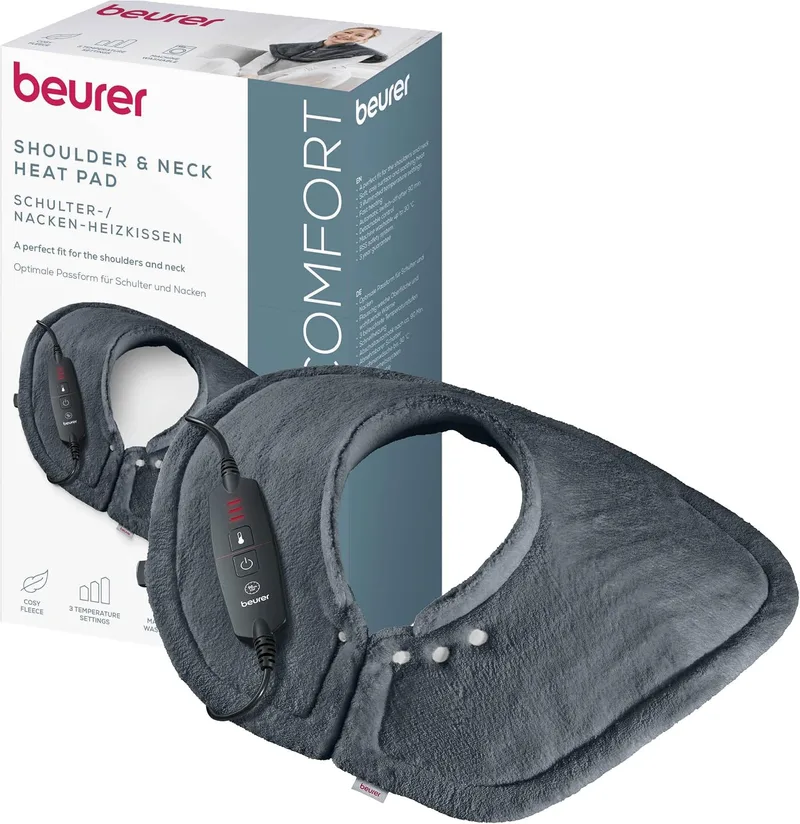 Beurer ▫️ HK 66 Cosy Almofada elétrica para ombros e pescoço, almofada elétrica com formato anatómico e fecho magnético, 3 níveis de temperatura com mecanismo de desligamento automático, lavável