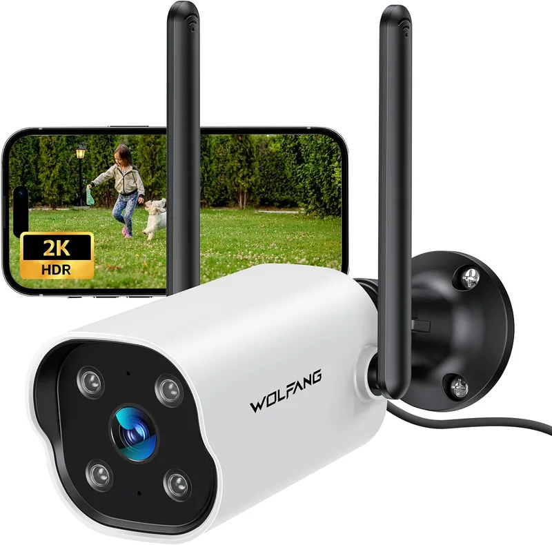 WOLFANG ▫️ Câmara de vigilância exterior Wi-Fi 2K – Câmaras de segurança doméstica Wi-Fi 2,4 GHz com visão noturna a cores, deteção de movimento, sirene, áudio bidirecional, IP65