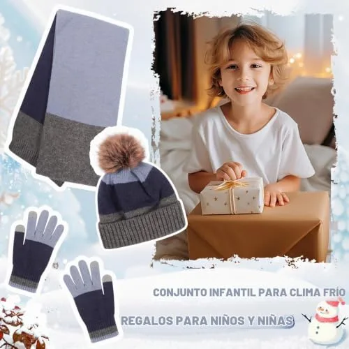 QKURT ▫️ Conjunto de gorro e cachecol de inverno para crianças, gorro de malha quente de inverno, cachecol, luvas mágicas às riscas para crianças dos 5 aos 12 anos 2