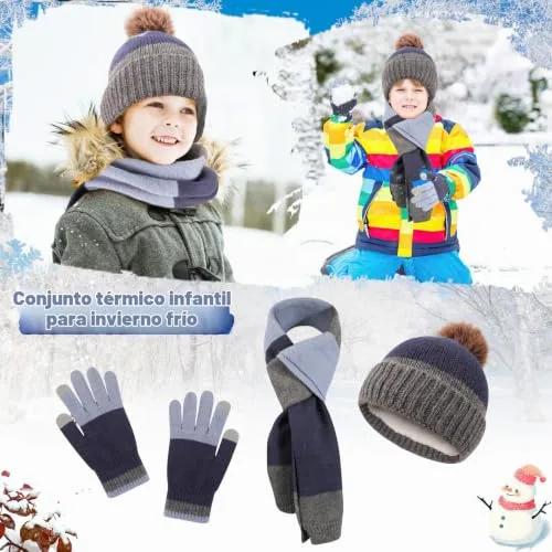 QKURT ▫️ Conjunto de gorro e cachecol de inverno para crianças, gorro de malha quente de inverno, cachecol, luvas mágicas às riscas para crianças dos 5 aos 12 anos 6