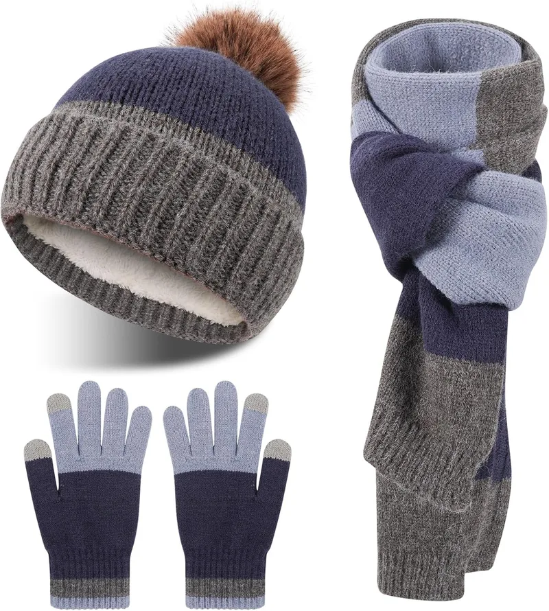 QKURT ▫️ Conjunto de gorro e cachecol de inverno para crianças, gorro de malha quente de inverno, cachecol, luvas mágicas às riscas para crianças dos 5 aos 12 anos