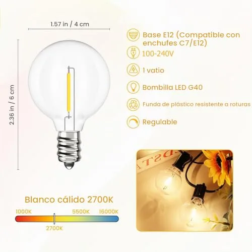 Svater ▫️ 13 Metros de Guirlanda de Luzes para Exterior G40 LED, Guirlandas Luminosas para Exterior à Prova de Água IP45, Guirlanda de Luzes para Jardim, Terraço, Pátio e Festas, 2700K Branco Quente 6