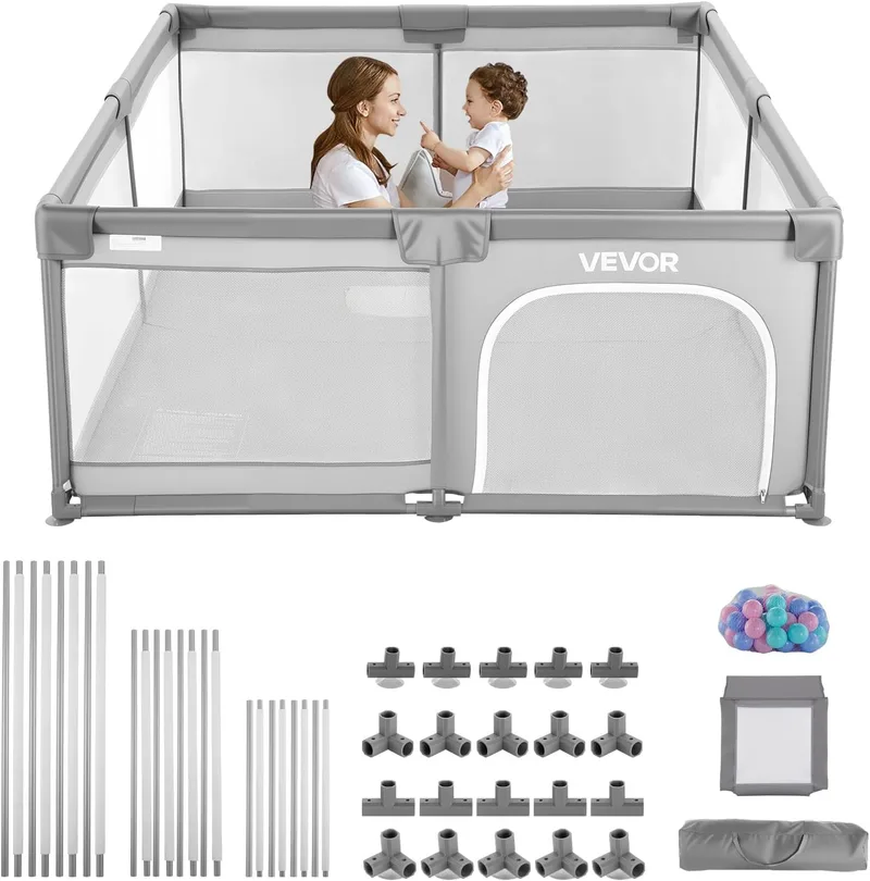 VEVOR ▫️ Parque Infantil ideal para crianças pequenas, para uso no interior e no exterior, com 50 bolas de plástico, porta com fecho de correr e rede respirável, formato retangular, cinzento, 2060 x 1840 x 650 mm