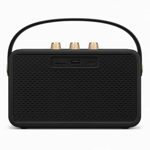 Thornton ▫️ Altifalante Bluetooth Flow - Altifalante estéreo sem fios portátil, resistente à água (IP67), 5 horas de reprodução, carregamento via USB-C, design retro com botões dourados 3