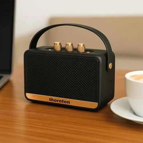 Thornton ▫️ Altifalante Bluetooth Flow - Altifalante estéreo sem fios portátil, resistente à água (IP67), 5 horas de reprodução, carregamento via USB-C, design retro com botões dourados 4