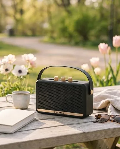 Thornton ▫️ Altifalante Bluetooth Flow - Altifalante estéreo sem fios portátil, resistente à água (IP67), 5 horas de reprodução, carregamento via USB-C, design retro com botões dourados 5
