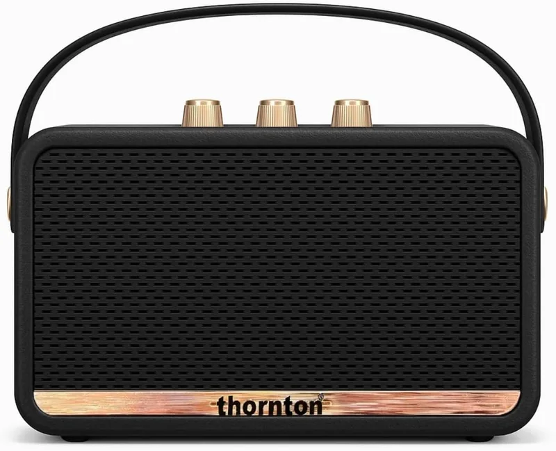 Thornton ▫️ Altifalante Bluetooth Flow - Altifalante estéreo sem fios portátil, resistente à água (IP67), 5 horas de reprodução, carregamento via USB-C, design retro com botões dourados