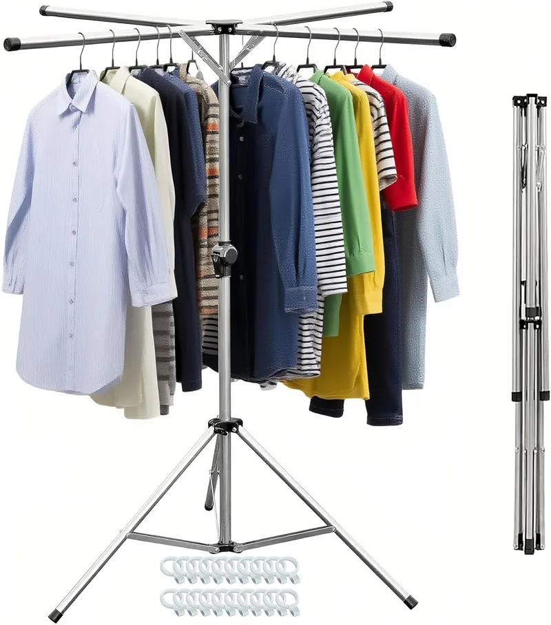 FUREINSTORE ▫️ Estendal vertical dobrável com 4 braços giratórios e altura ajustável, estendal multiusos em aço inoxidável com base estável e 20 clipes para cabides, ideal para interiores e exteriores