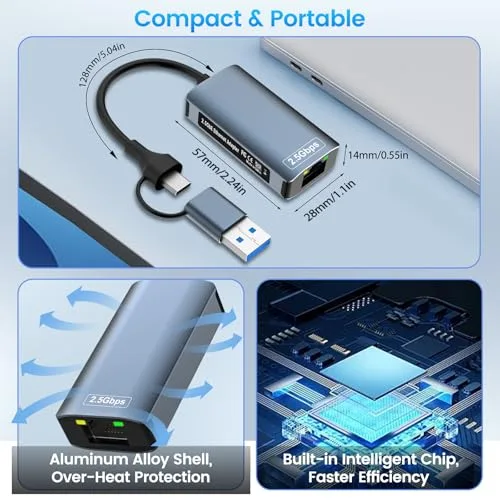 Vonxite ▫️ Adaptador USB-C para Ethernet de 2500 Mbps, adaptador USB-Ethernet RJ45 2,5 Gbps 2 em 1, adaptador Ethernet, USB-C Ethernet, Ethernet USB-C, adaptador Ethernet para USB-C compatível com Windows, Mac, iOS, Linux e Chrome 5