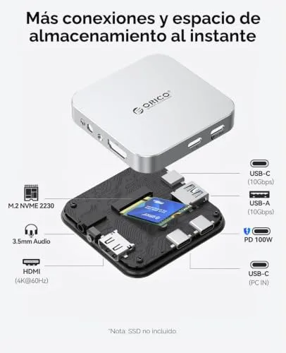 ORICO ▫️ Estação de acoplamento magnética USB-C caixa para SSD M.2 2230 NVMe, estação de acoplamento 6 em 1 com HDMI 4K a60 Hz, PD 100 W, USB-A/USB-C 10 Gbps, Áudio, Hub USB-C para iPhone MG5 2