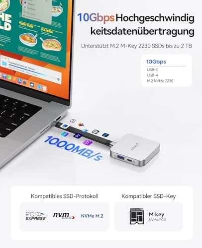 ORICO ▫️ Estação de acoplamento magnética USB-C caixa para SSD M.2 2230 NVMe, estação de acoplamento 6 em 1 com HDMI 4K a60 Hz, PD 100 W, USB-A/USB-C 10 Gbps, Áudio, Hub USB-C para iPhone MG5 5