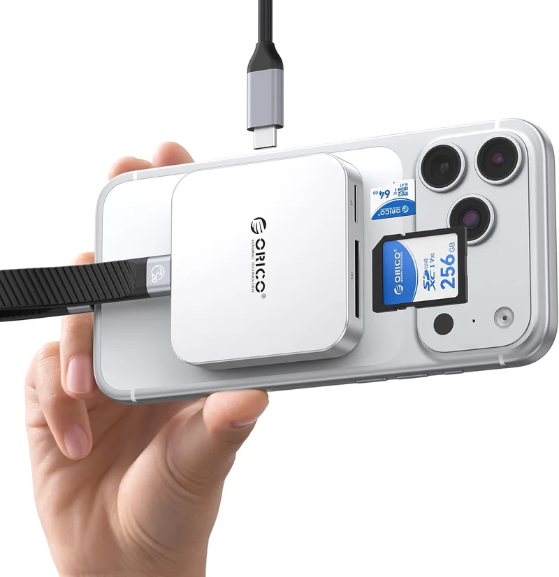 ORICO ▫️ Leitor de cartões SD magnéticos com carregamento PD de 100 W, SD/TF 3.0, taxa de transferência de dados de 104 MB/s, leitor de cartões compatível com iPhone 17/16/15, iPad Pro e MacBook AIR5