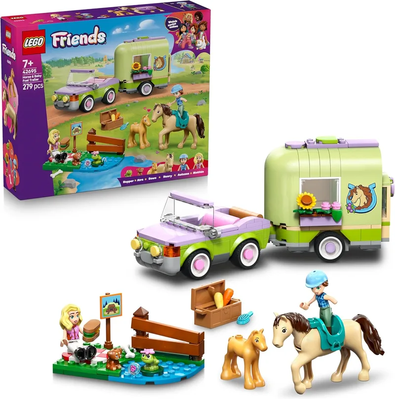 LEGO ▫️ Friends Reboque para Cavalo e Poteiro - Conjunto de brinquedos com 4 figuras de animais, incluindo cavalos de brinquedo, carro, 2 mini-bonecas e acessórios - Presente de aniversário para meninas a partir dos 7 anos - 42695