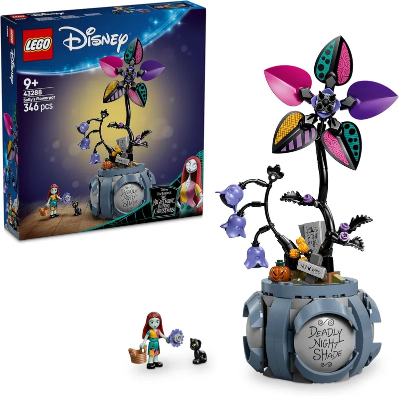LEGO ▫️ Disney Vaso da Sally - Decoração para o quarto com 2 flores artificiais, mini boneca e gato preto de brinquedo - Presente para meninas a partir dos 9 anos e fãs de «O Estranho Mundo de Jack» - 43288